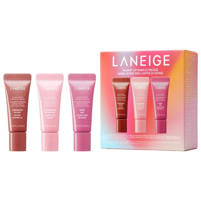 LANEIGE Glassy Lip Minis 3 Pc. Glaze Craze Tinted Peptide Lip Serum Gift Set *Pre-Order*